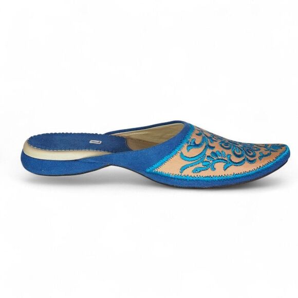 Moroccan Leather Embroidered Babouche Leather Slippers Blue / Tan Women's 7 - Picture 8 of 10